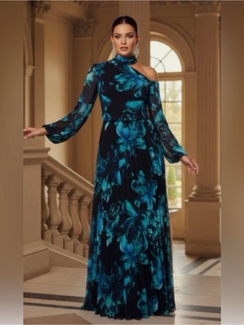 Xscape One-Shoulder Floral Maxi Dress in Teal and Black